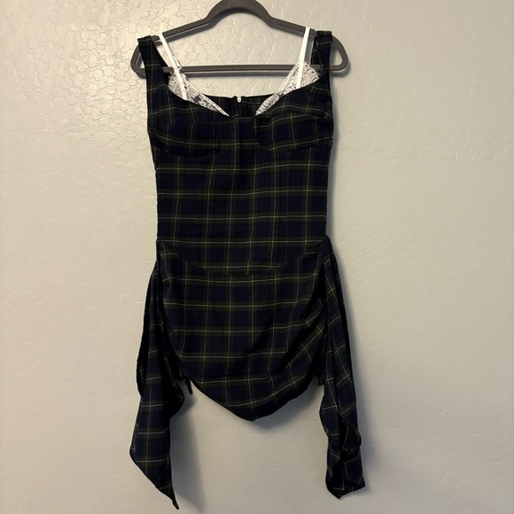 Innovare denim Ceyhun Grid Plaid Fringe Spaghetti Mini Dress size medium NEW - Picture 2 of 15